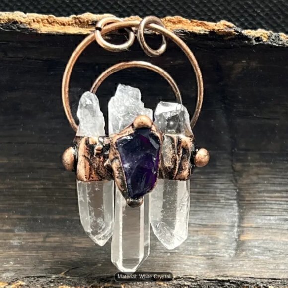 Vintage Natural White Purple Crystal Stone Medieval Medallion Witch Pendant - Picture 1 of 5